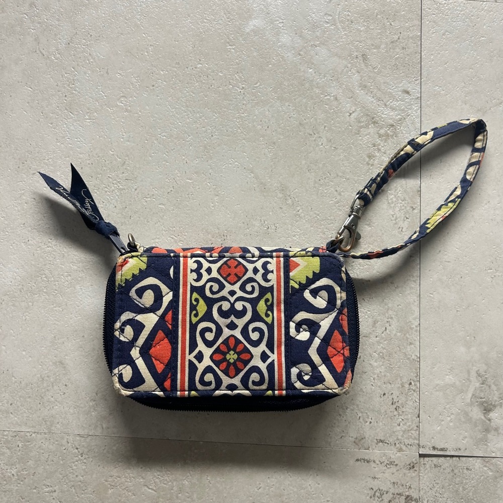 Vera Bradley Wristlet Wallet Navy Blue Orange Geometric Quilted Cotton Small